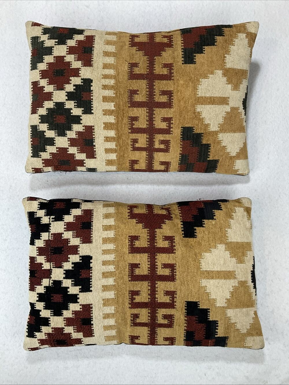 Tan Southwestern Geometric Kilim Style Throw Pillows Boho Set of 2- 19 x 12 in